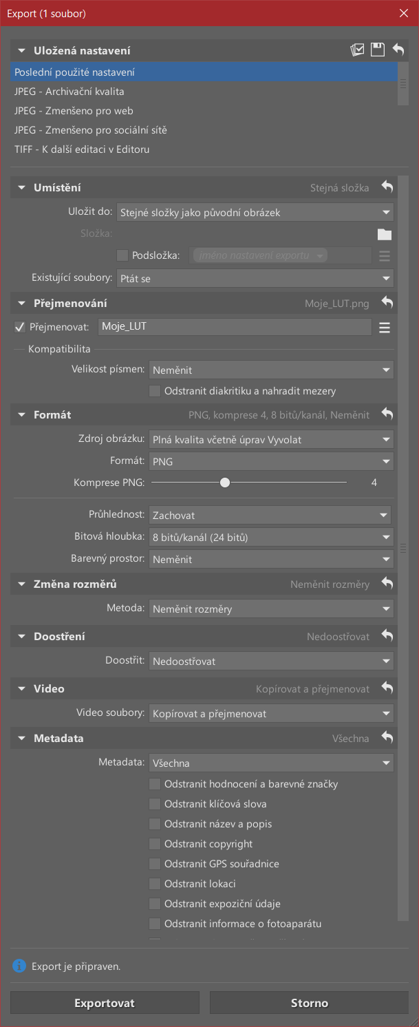 Co to jsou 3D LUT, PNG Export