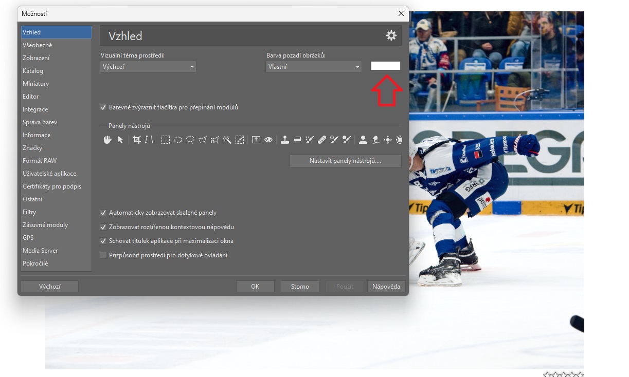 Sportovní fotografie, hokej, nastavení bílého pozadí