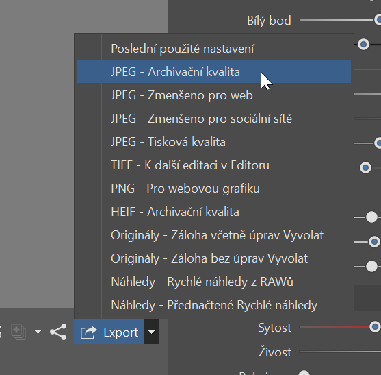 Export, Panel rychlé volby