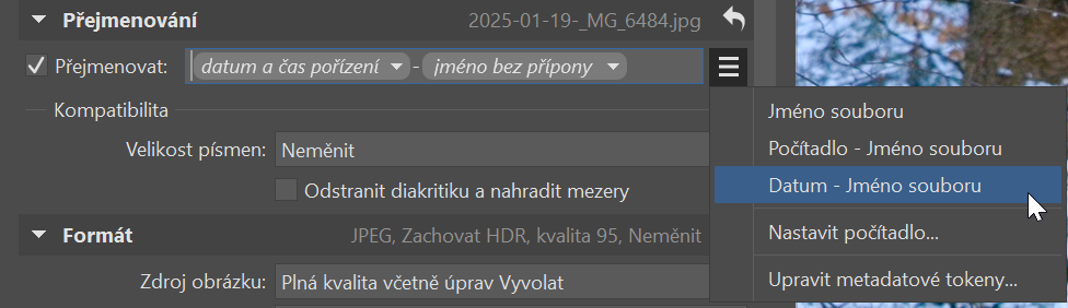 Export, Přejmenování