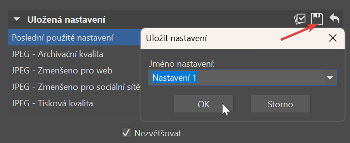 Export, Uložit nastavení