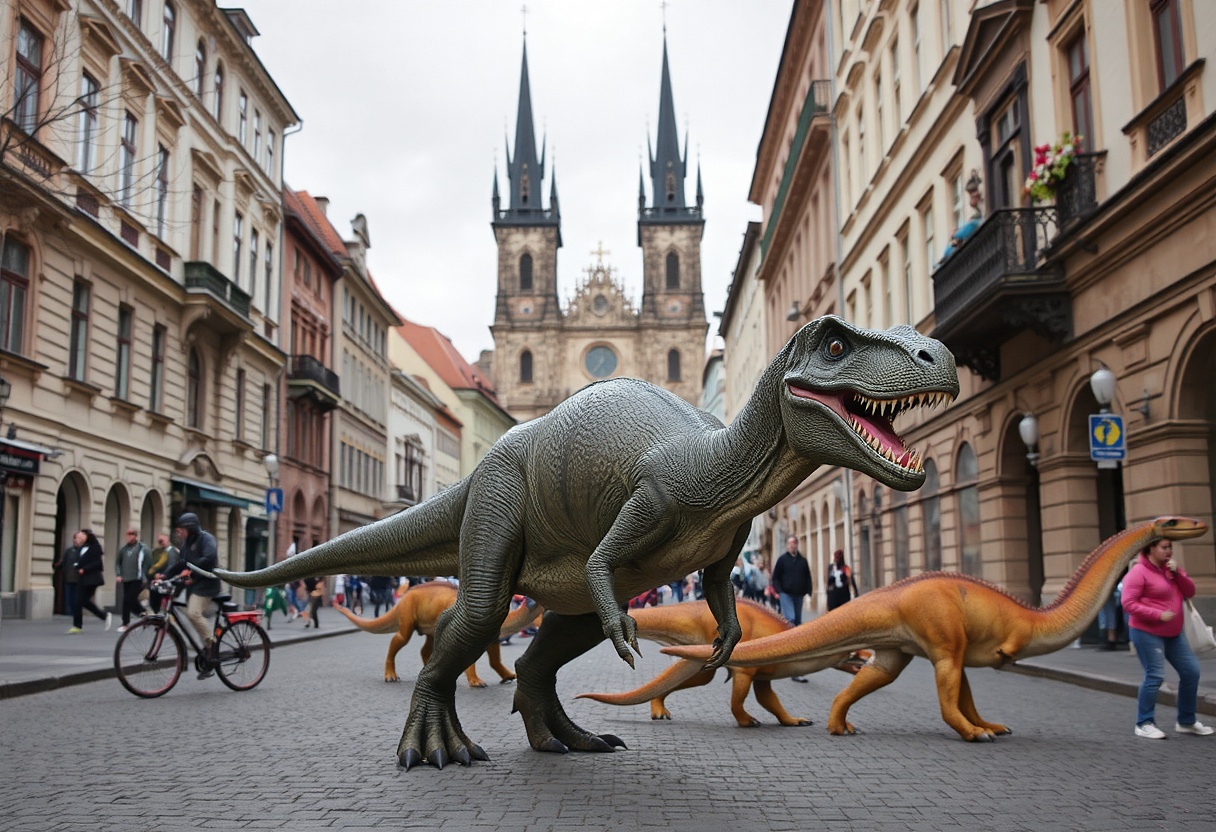 Zoner AI: Pokročilý generátor obrázků zdarma, dinosauři v centru Prahy