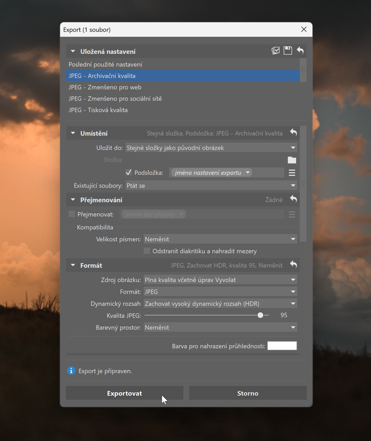 Nedestruktivní úpravy – umístění exportované fotky
