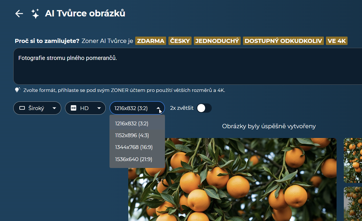 Zoner AI: Pokročilý generátor obrázků zdarma, rozlišení